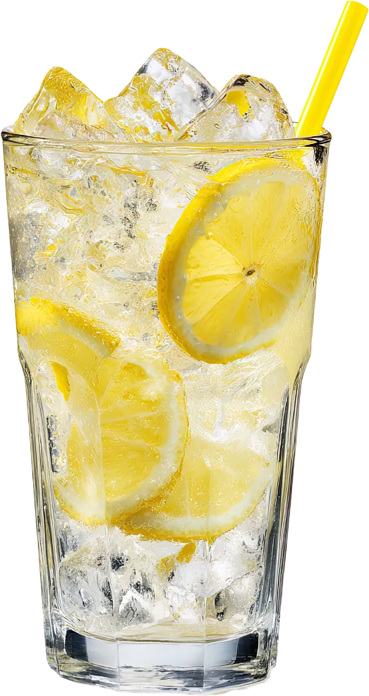 Glas Limonade mit Eiswürfeln, Zitronenscheiben und Strohhalm