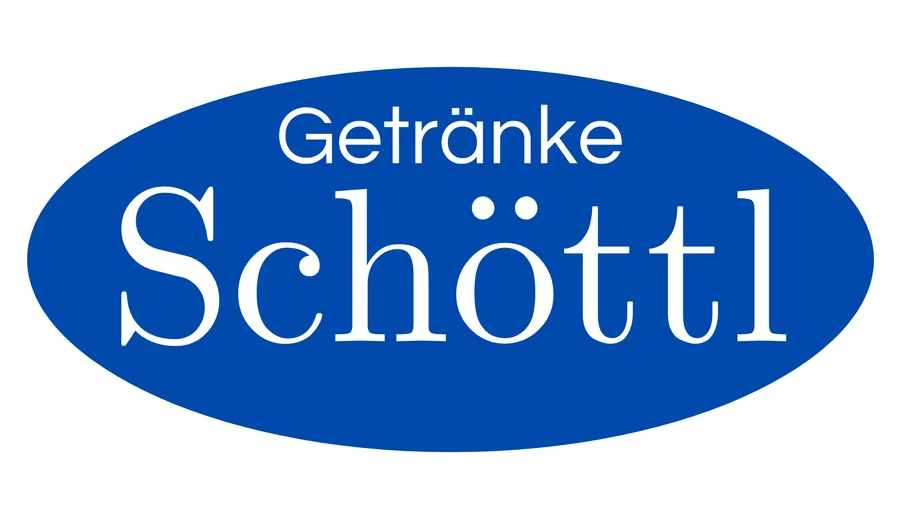 Logo von Getränke Schöttl, weißer Schriftzug in einem blauen Oval